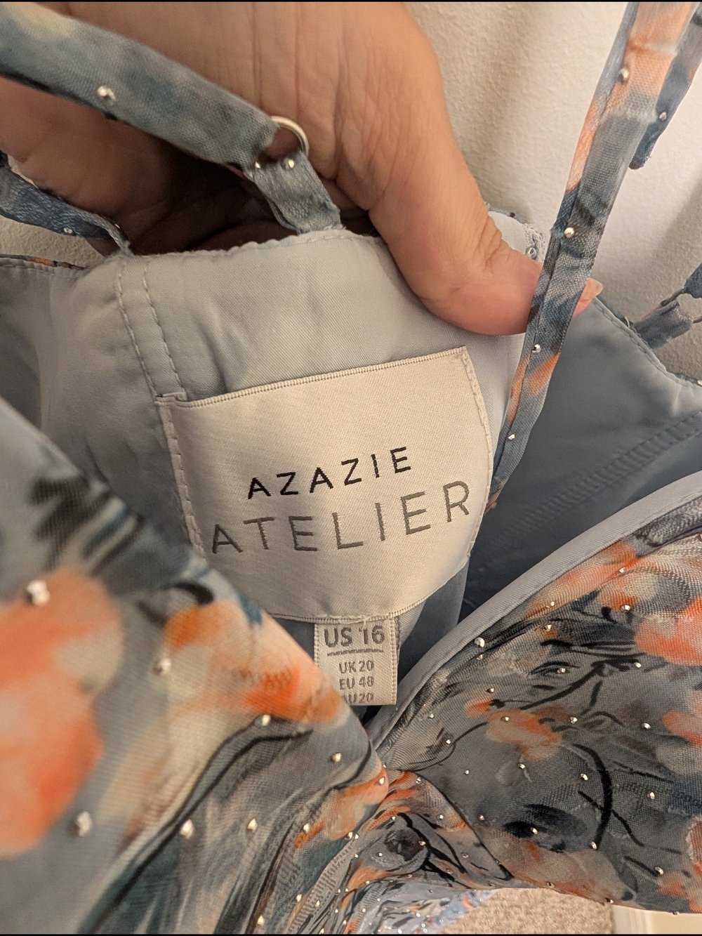 Azazie Atelier Harmony Powder Blue Floral Flowy Rhinestone Maxi Dress Gown Sz 16 - Picture 12 of 16